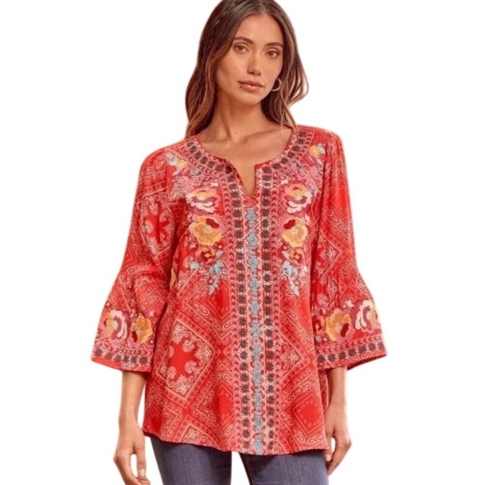 Savanna Jane Top S Embroidered Blouse‎ Floral Paisley Bell Sleeve Boho Festival
